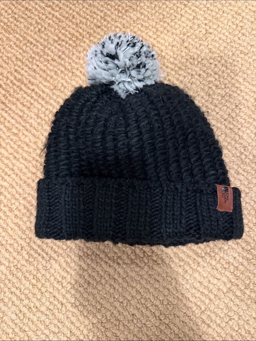 The North Face Black Knit Beanie with Gray Pom